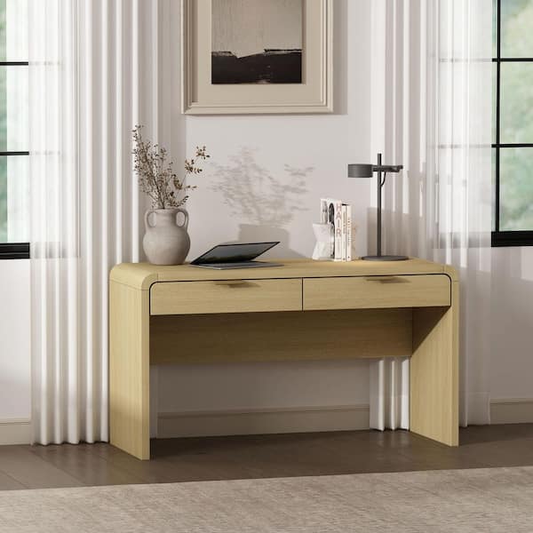 Grace 54 in. Modern Rectangular Natural Oak 2-Drawer Writing Desk with Rounded Edges and Gold Handles