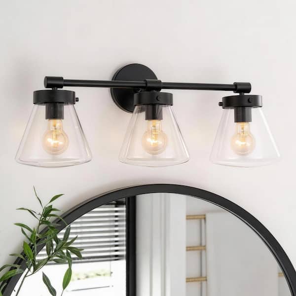 Gleam 30.3 in. 3-Light Matte Black Modern Vanity Light with Clear Glass Shades