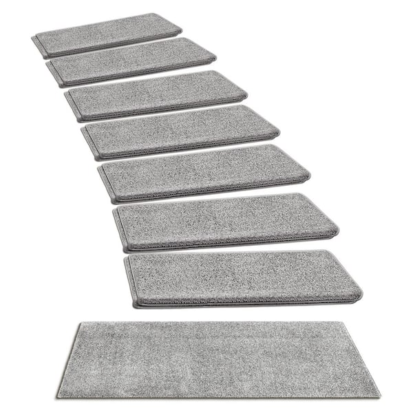 PURE ERA Light Gray 9.5 in. x 30 in. x 1.2 in. Bullnose Polypropylene Non-slip Carpet Stair Tread Cover Landing Mat (Set of 15)