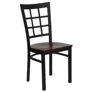 Hercules Series Black Window Back Metal Restaurant Chair with Mahogany Wood Seat
