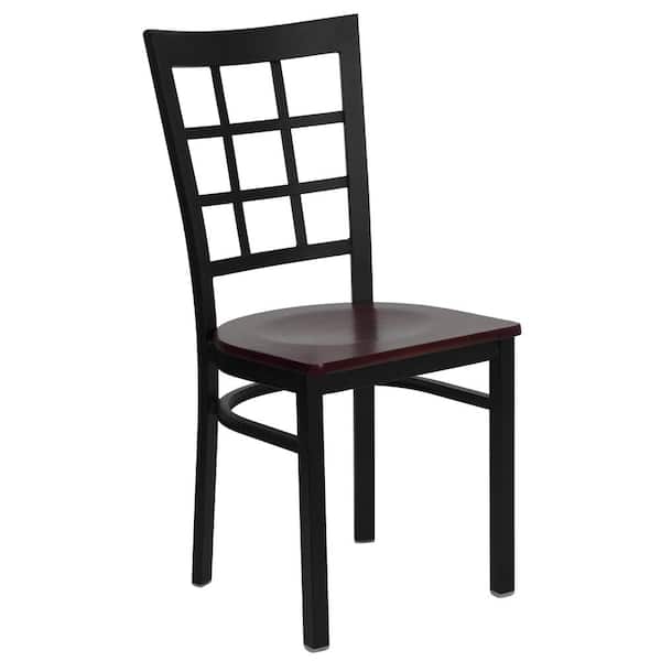 Flash Furniture Hercules Series Black Window Back Metal Restaurant Chair with Mahogany Wood Seat