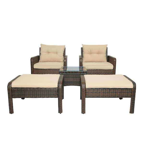 SUGIFT Brown 5-Piece Rattan Wicker Patio Conversation Sofa Ottoman Set with Beige Cushions