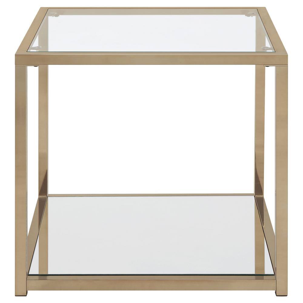 Cora Transitional Square Glass Top End Table with Mirrored Shelf in Gold