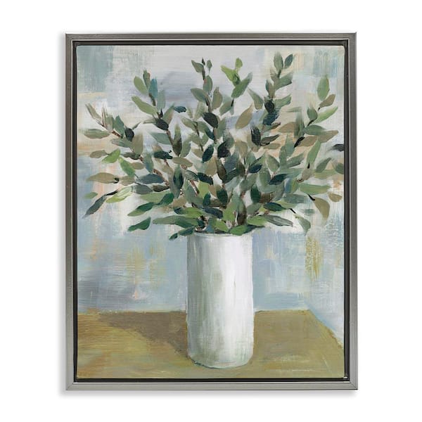 Stupell Industries Leafy Green Plant Vase by Cloverfield and Co. Gray Floater Frame Nature Graphic Art Print 31 in. x 25 in.