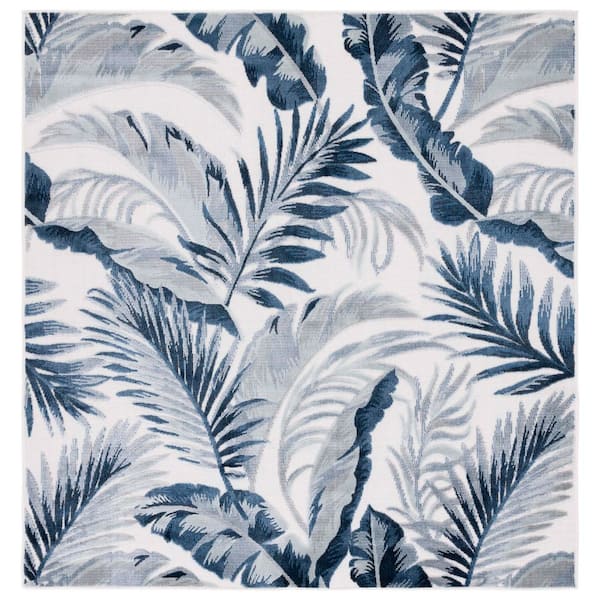 Cabana Ivory/Navy 6 ft. x 6 ft. High-Low Leaf Indoor/Outdoor Square Area Rug