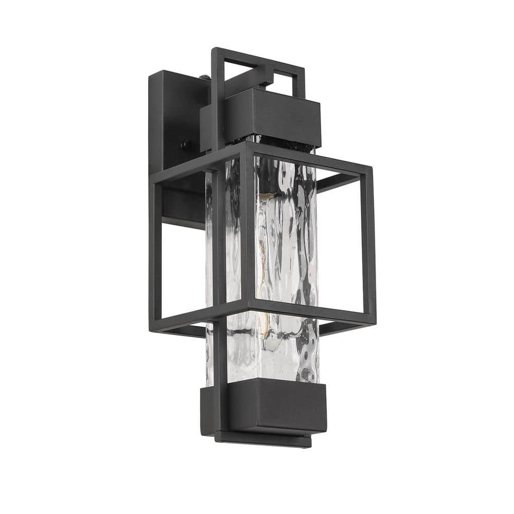 1-Light Textured Black Water Glass Not Motion Sensing Outdoor Hardwired Wal