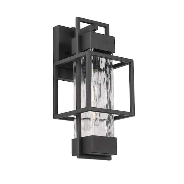 Textured Black Water Glass Not Motion Sensing Outdoor Hardwired Wall Lantern Sconce, No Bulbs Included (2-pack)