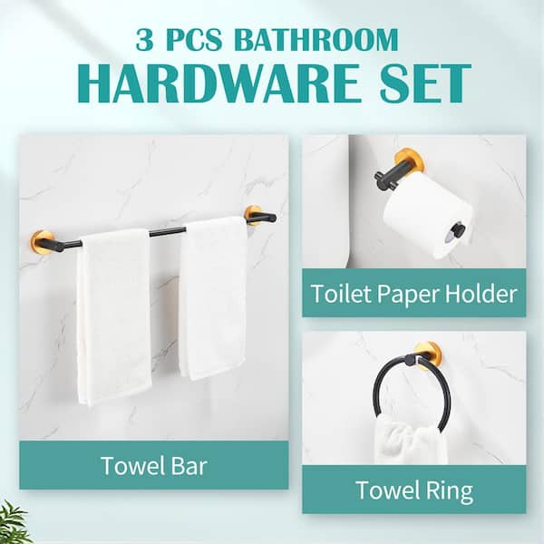 3-Piece Bath Hardware Set with Towel Ring Toilet Paper Holder and 27 in. Towel Bar in Golden Black