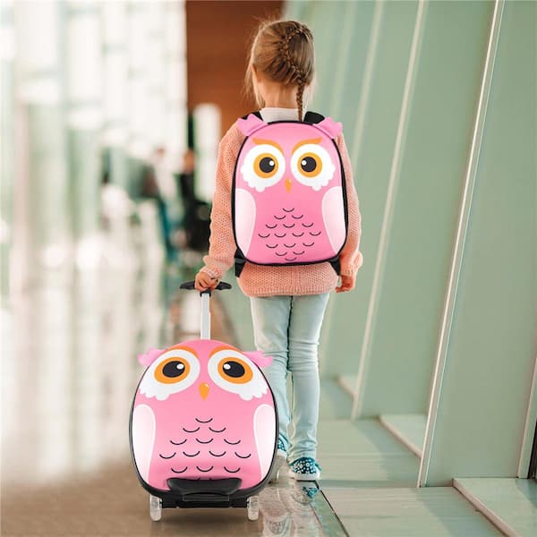 Costway 2-PCS Kids Carry On Luggage Set 16 Owl Rolling Suitcase with 12  Backpack Travel Pink WF-10N019N1