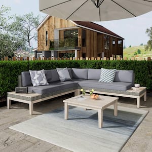 4-Piece Wicker Outdoor Patio Conversation Sectional Seating Set with Gray Cushions