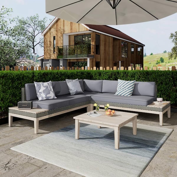 AUTMOON 4-Piece Wicker Outdoor Patio Conversation Sectional Seating Set with Gray Cushions