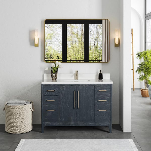 ROSWELL Gara 48 in. W x 22 in. D x 33.9 in. H Single Sink Bath Vanity in Blue with White Grain Composite Stone Top