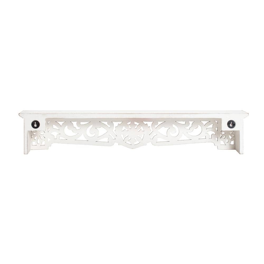 Morris White Hand Carved Wood Floating Wall Shelf, 30"