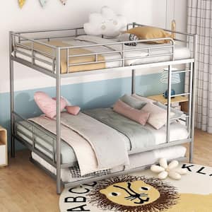 Detachable Silver Full over Full Metal Bunk Bed with Trundle, Built-in Ladder