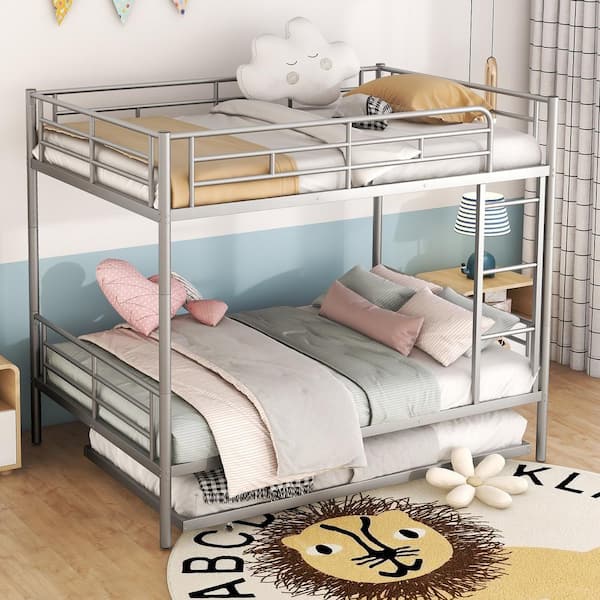 Harper & Bright Designs Detachable Silver Full over Full Metal Bunk Bed with Trundle, Built-in Ladder