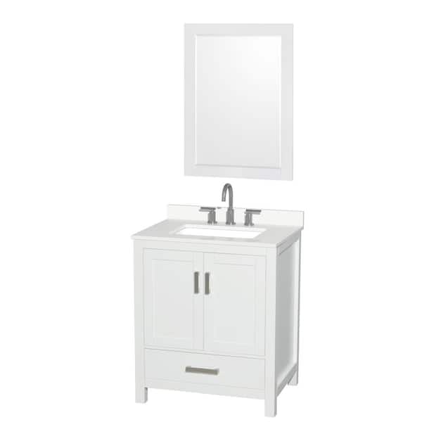 Wyndham Collection Sheffield 30 in. W x 22 in. D x 35 in. H Single Bath Vanity in White with White Quartz Top and 24 in. Mirror