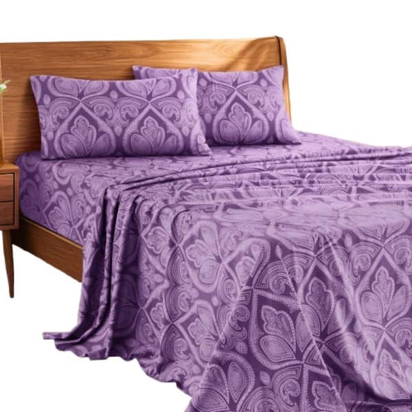 Lux Decor 4-Piece Purple Paisley Microfiber King Upto 16 in. Deep Pocket Oeko-Tex Sheet Set