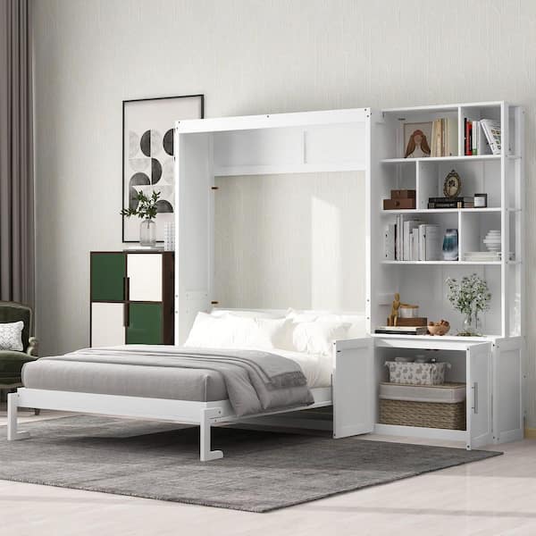 Olive White Wood Frame Full Size Murphy Bed with Multiple Storage Shelves, Cabinet