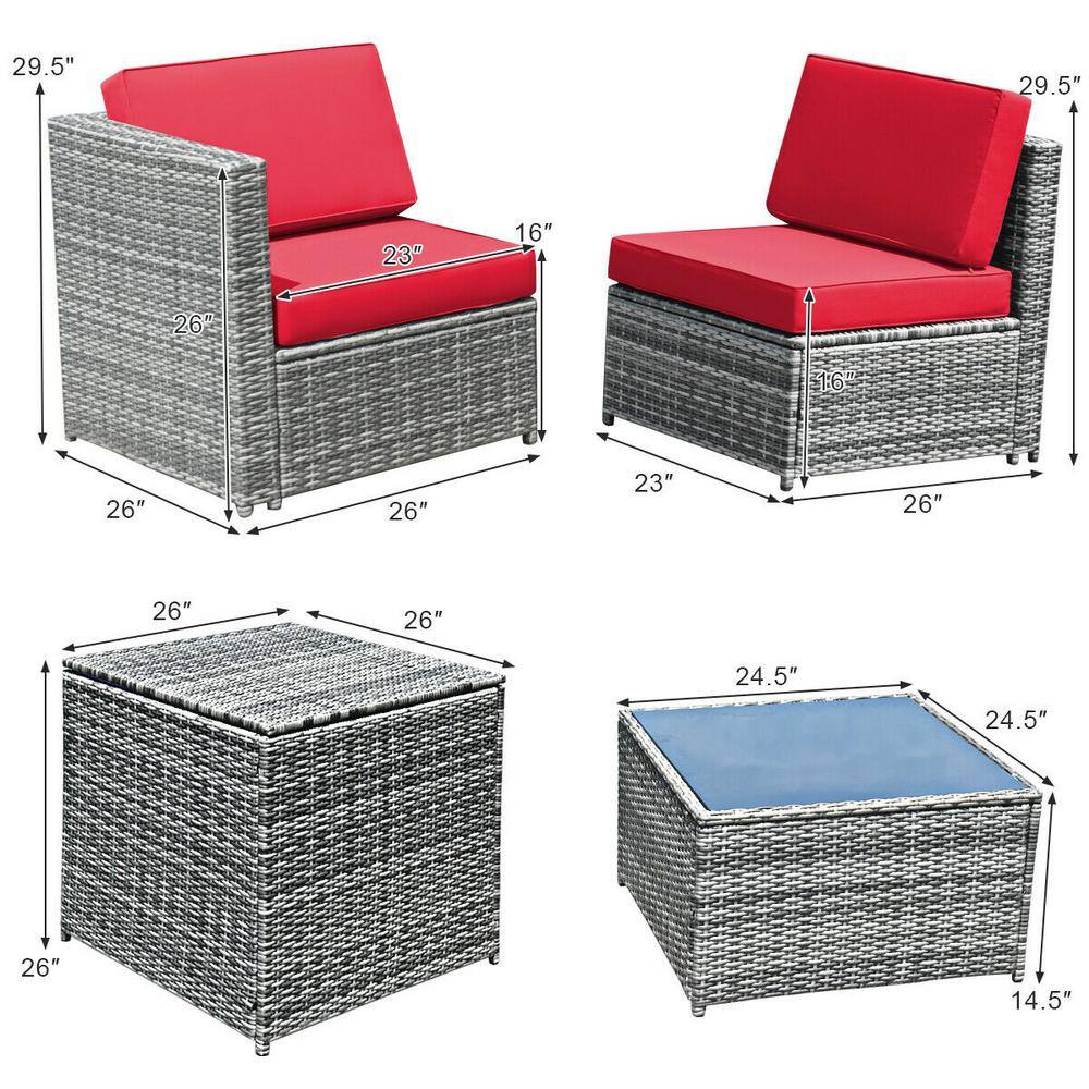 8-Piece Red Cushioned Wicker Rattan Patio Sofa Set with Storage Table