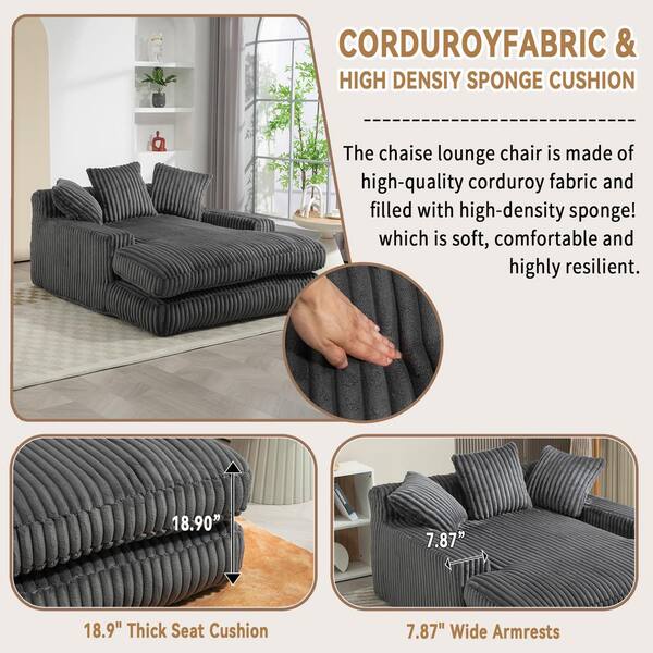 HOMEFUN 75 in. Modern Gray Corduroy Velvet Oversize Chaise Lounge Seersucker Deep Seat Lazy Sleeper Sofa Bed with 3 Back Pillows HFHDSN 1031DG