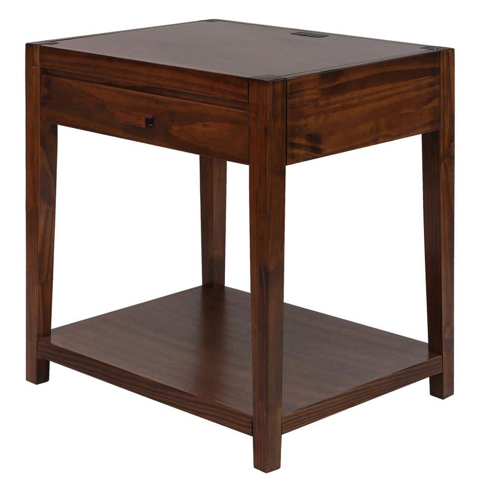 Warm Brown Solid Wood Nightstand with USB Ports