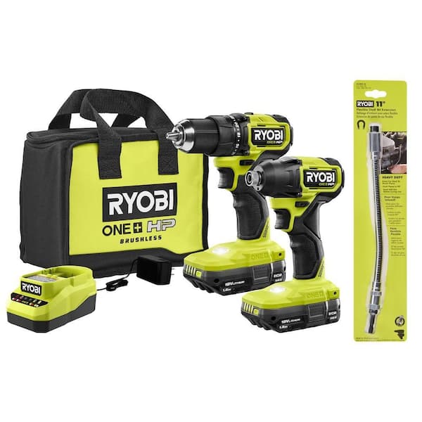 ONE+ HP 18V Brushless Cordless Compact 2-Tool Combo Kit w/(2) Batteries, Charger, Bag & 11 in. Flexible Shaft Bit Holder