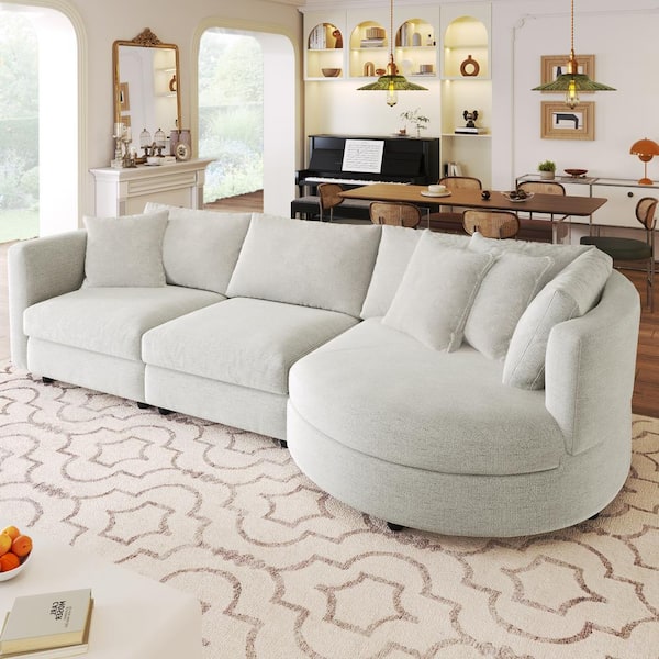 J&E Home 111.4 in Wide Square Arm Chenille Mid-Century Modern Curved Apartment Reclining Sofa in. Beige