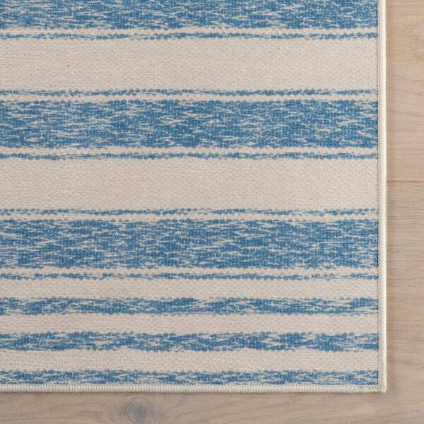 Vion Coastal Striped Machine Washable Blue 3 ft. x 5 ft. Indoor