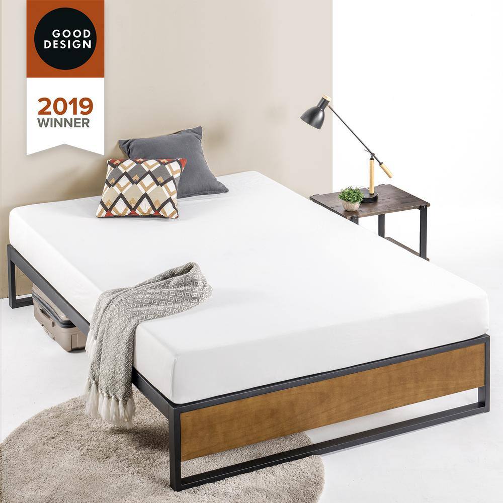 King Size Brown Pine and Metal Platform Bed with Headboard