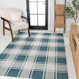 Sabine Traditional Farmhouse Bold Gingham Turquoise/Cream 3 ft. x 5 ft. Indoor/Outdoor Area Rug