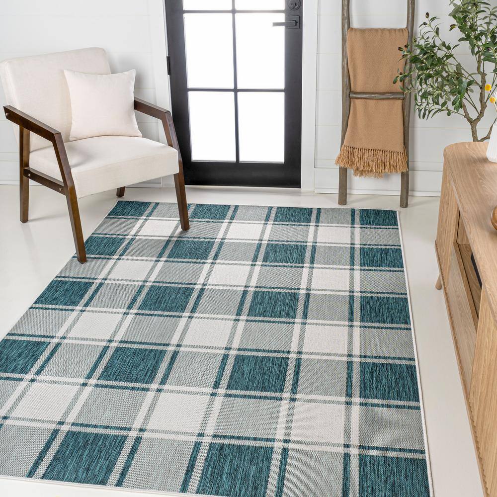 Turquoise and Cream Gingham 8' x 10' Synthetic Indoor/Outdoor Rug