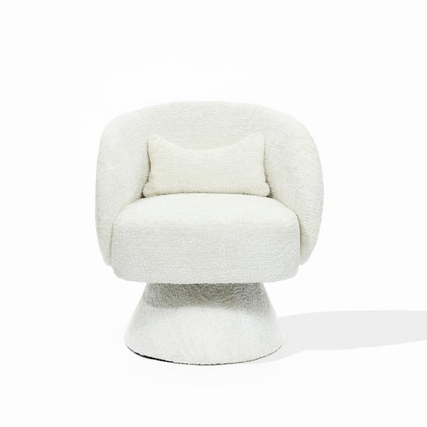 LuxenHome Upholstered Cream Club Swivel Chair with Upholstered Cream Wood Base