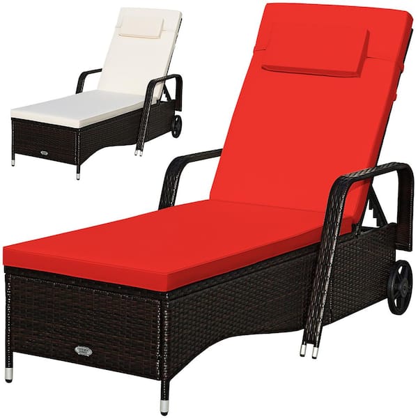 Costway Patio Rattan Wicker Outdoor Lounge Chair Chaise Recliner Adjust Cushion with Red and Off White Cover