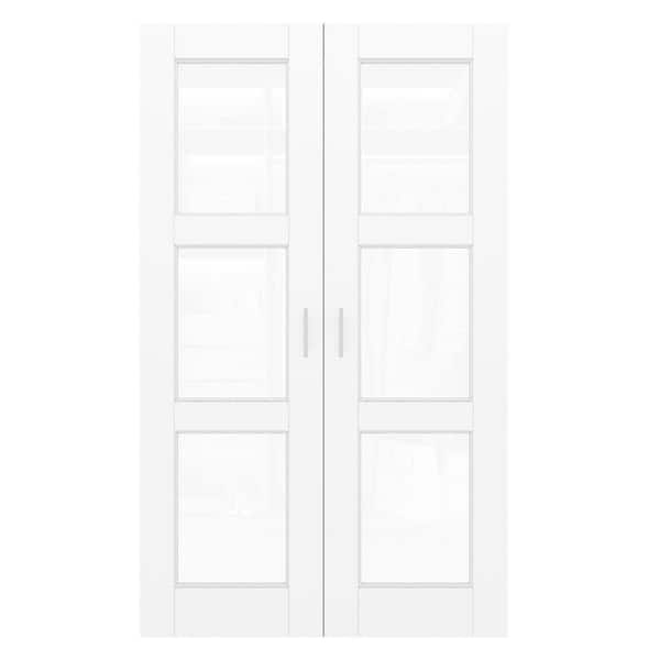36 in. x 80 in. 3-Lite Clear Glass White Solid Core Glass French Door Without Jamb Double Interior Door Slab + Ballcatch