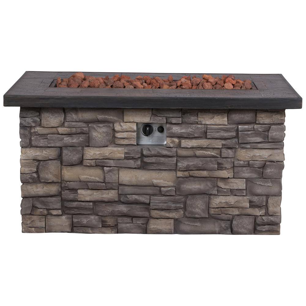 Shine Company Sevilla Rectangular Outdoor Propane Gas Stone Fire Pit Table with Lava Rock, 48 in