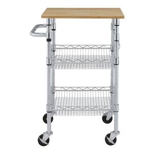 Grayson Small Chrome Metal Rolling Kitchen Microwave Cart with Natural Wood Top and Tiered Shelves (24" W)