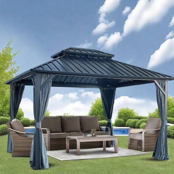 GWRGWR 12 ft. x 12 ft. Galvanized Steel Double Roof Hardtop Gazebo with Aluminum Frame, Mosquito Netting&Curtains for Garden