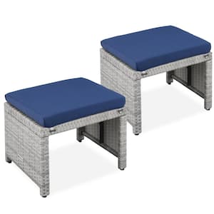 Gray Wicker Outdoor Ottoman with removeable Navy Cushion (2-Pack)