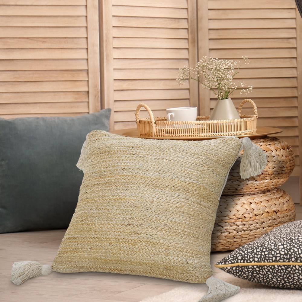 Natural Jute Square Throw Pillow with Tassels, 20" x 20"