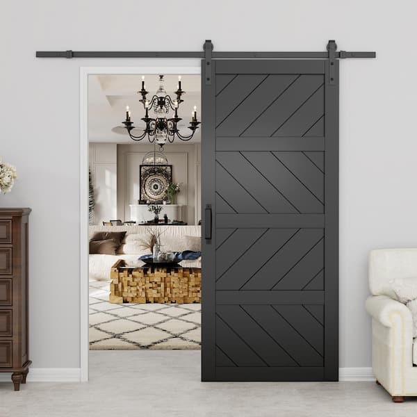 36 in. x 84 in. Black Finished 4-Lite Wave Pattern Style MDF Sliding Barn Door with Hardware Kit and Soft Close