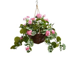 Hot Pink Artificial Geranium Flower Arrangement with Hanging Basket