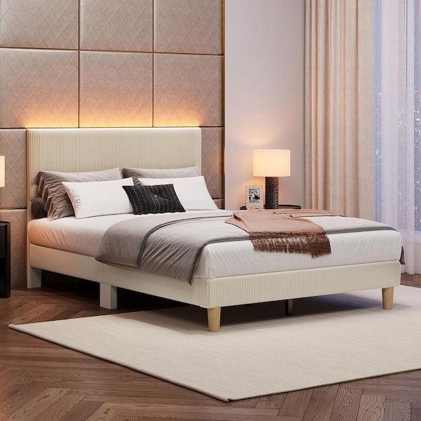 Bestier Beige Wood Frame Full Platform Bed Upholestered