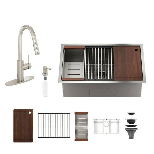 30 in. Undermount Single Bowl 18-Gauge Brushed Stainless Steel Kitchen Sink with Pull-Down Faucet and Accessories Kits