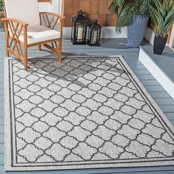 Courtyard Light Gray/Black 2 ft. x 4 ft. Border Quatrefoil Indoor/Outdoor Area Rug