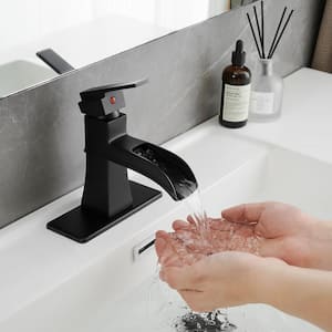 Single Handle Single Hole Bathroom Faucet with Deck Plate Included, Pop Up Drain and Water Supply Hoses in Matte Black