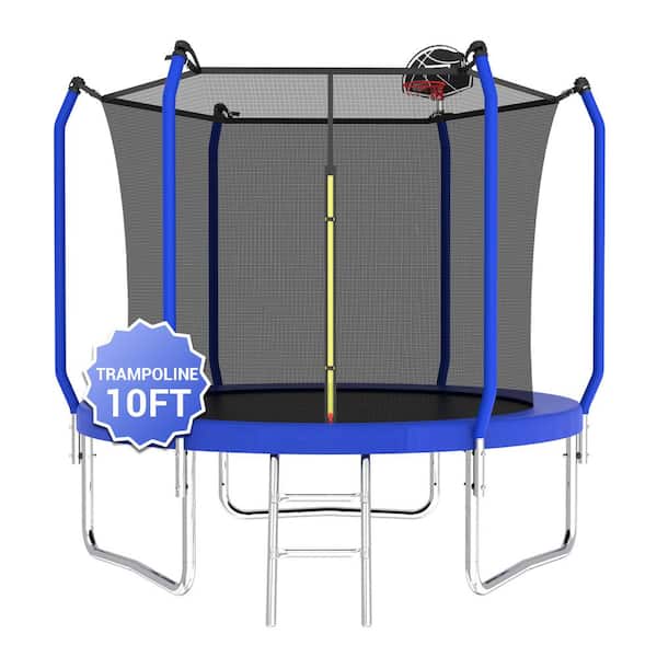 SUNRINX 10 ft. Blue Round Outdoor Trampoline with Safety Enclosure and Basketball Hoop