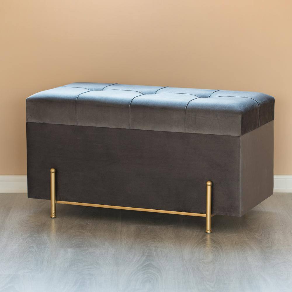 Gray Velvet Rectangular Storage Ottoman with Gold Legs