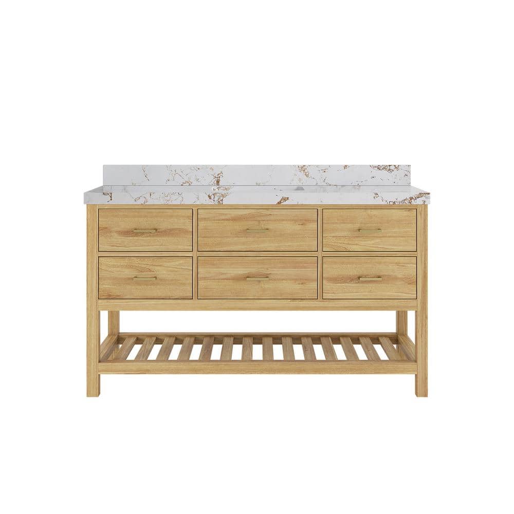 Parker Teak 60 in. Single Sink Freestanding Light Natural Bath Vanity with Viola Gold Quartz Top Unassembled price history on PriceWatchPro
