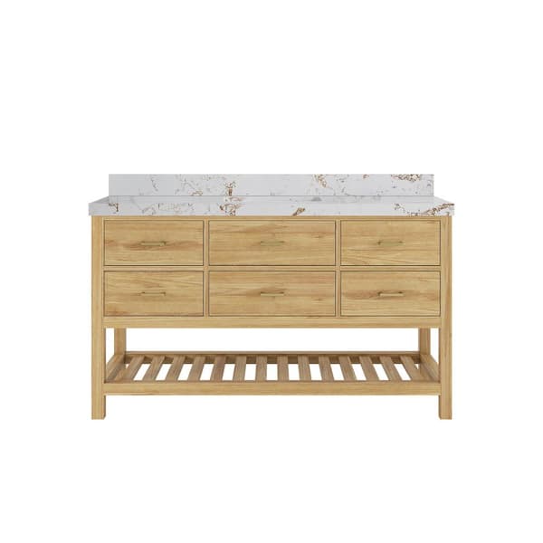 Parker Teak 60 in. Single Sink Freestanding Light Natural Bath Vanity with Viola Gold Quartz Top Unassembled