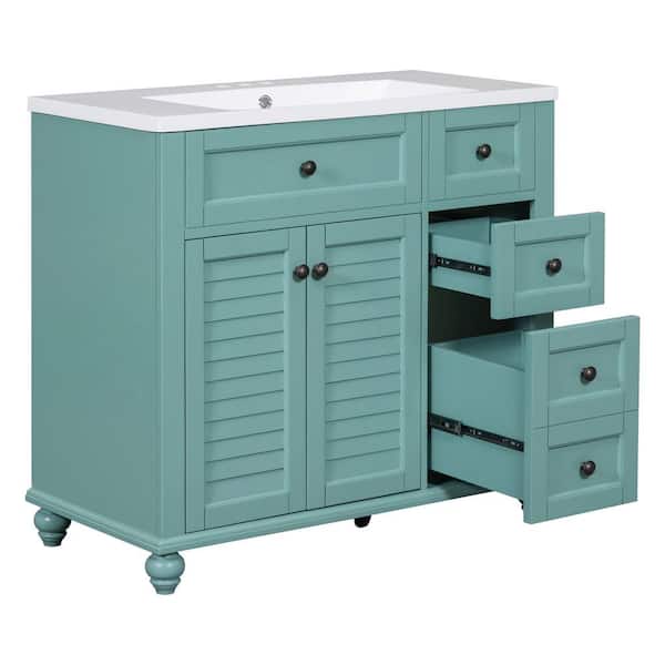 Aoibox 36 in. W x 18 in. D x 33 in. H Single Sink Freestanding Bath Vanity in Blue-Green w/White Resin Top, 2-Drawers and Doors
